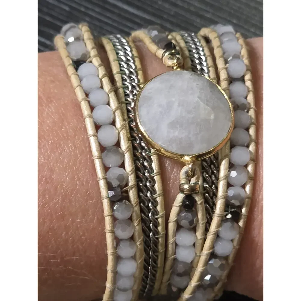 Nakamol Signed Moonstone Beaded Wrap Bracelet Light Tan Cord Glass Crystals